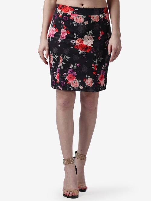 Popwings Women Casual Black Floral Printed A Line Women Solid Skirt