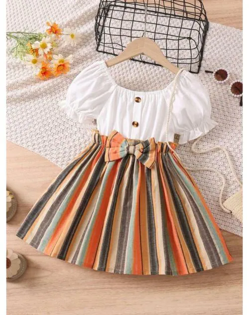 Tior Toddler Girls Striped Print Puff Sleeve Bow Front Dress Dresses & Frocks Kids Wear | Girls Dress | Kids Dress | Frock | Frock Girls | Girls Frock | Dresses For Girls | Kids Girl Dress | Frock For Girls | Dress For Girls | Kids Wear Girls