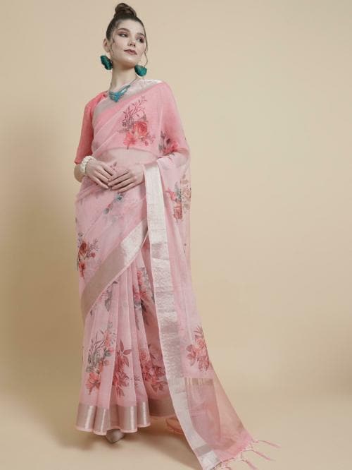Aks Pink Floral Print Saree With Blouse Piece
