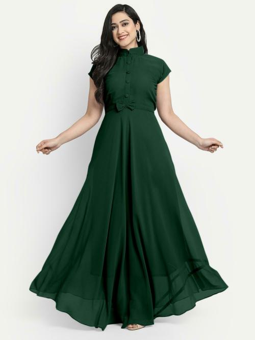 FEMVY Women Green Solid Georgette A-line Gown Dress (S)