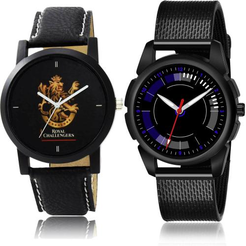 TIMENTER Modern Technology Royal Challengers Bangalore Squad (Rcb) Ipl Black Colour Analog Genuine Leather And Plastic Belt 2 Watch Combo For Boys And Men - IPL6-(44-S-10)