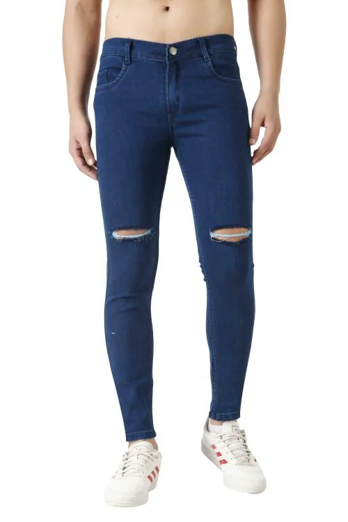 Buy EditLook Men's Dark Blue Knee Distressed Blended Denim Slim Fit