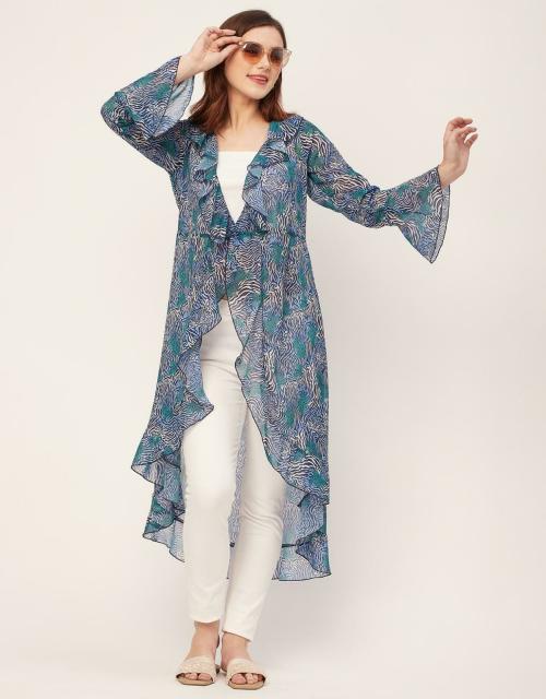 Moomaya Long Sleeves V Neck Ruffle Regular Fit Printed Women's Ruffle Shrug
