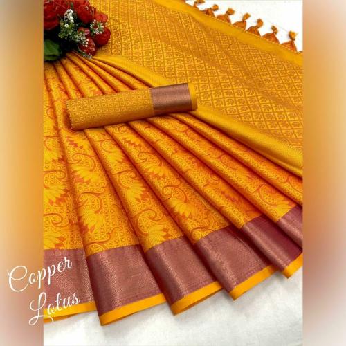 Willmake Printed Bollywood Jacquard Saree (Yellow)