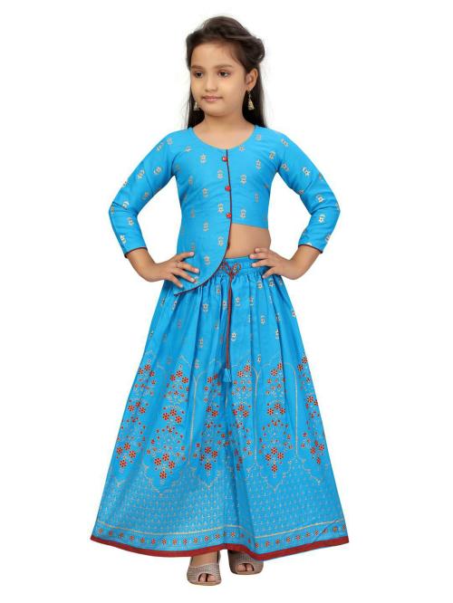 Aarika Girls Turquoise Floral Cotton Lehenga & Choli