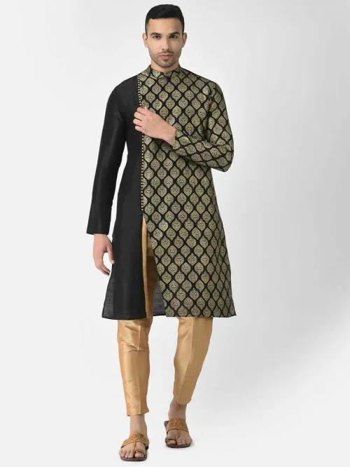 AHBABI Self Designed Silk Blend Printed Kurta Set for Men, Full Sleeves, Round Neck, Ethnic For Any Occasion Black