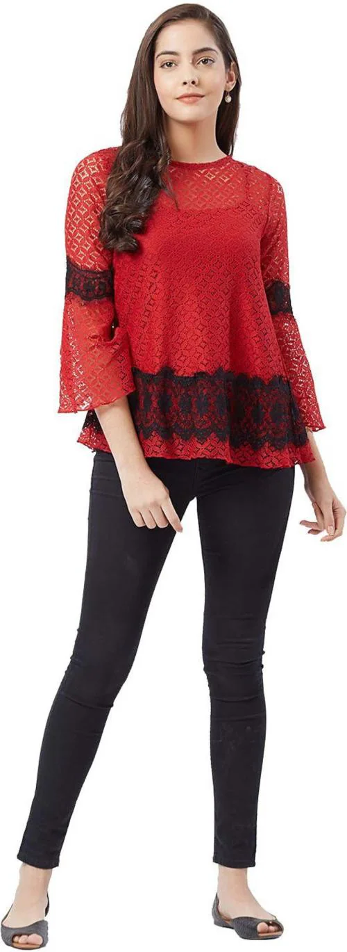 Fusion Beats Women Red Lace Nylon Blend Top