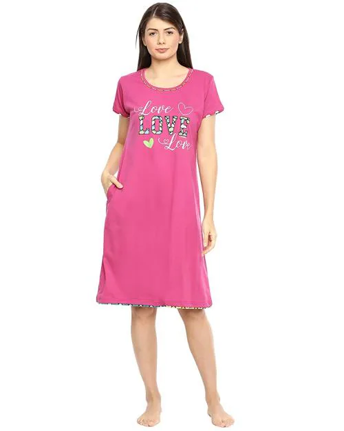 Red Rose - Short Nighty For Women - Printed Night Dress - Cotton Nightwear Gown