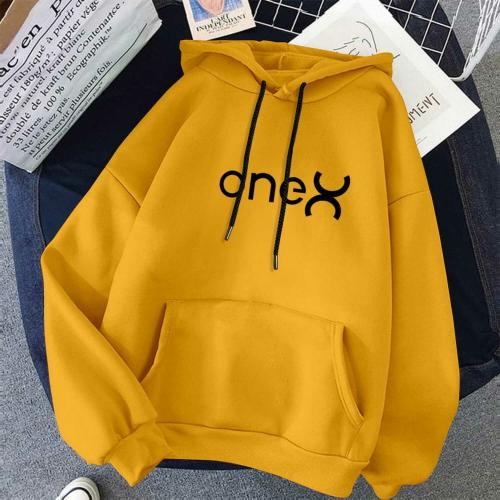 ONE-X Womens Hoodie Yellow Sweatshirt Fleece Full Sleeve Printed L