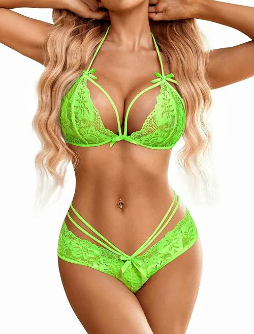 FASHION BONES Women's Hot & Sexy Lingerie Set For Couples Honeymoon, Special Night Babydoll Lingerie Nightwear Dress See-Through Lace Sleepwear Underwear Set Sexy Lingerie for Women (Green)(Free Size)