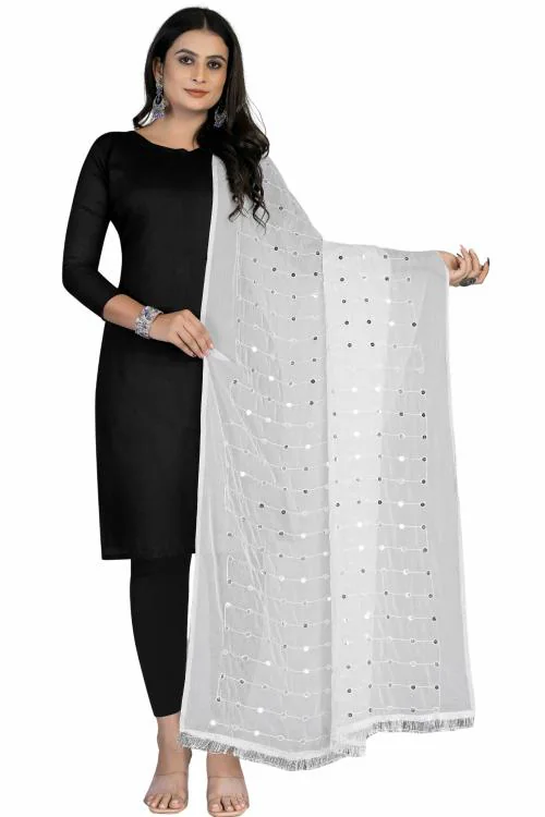 Kemza Women's Embroidered Mirror Work Chiffon Dupatta (White) with Stripe Pattern