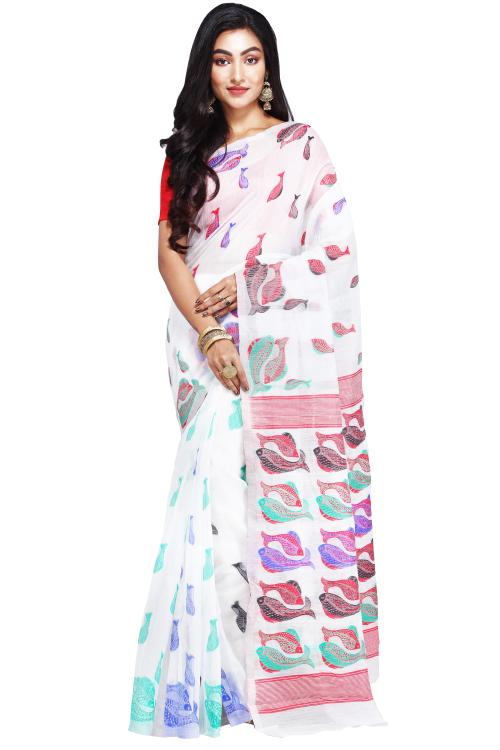 CRAFTONI Fish Design Women Dhakai Jamdani Soft Cotton Silk Saree with Blouse Piece (White)