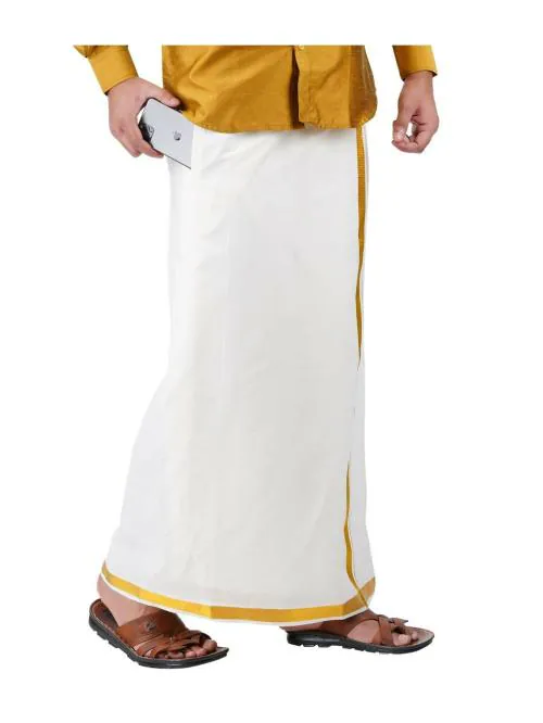 PRAKASAM COTTON COTTON Mens White Premium Flexi Size Welcro pocket Dhoti (SS JARI-WHITE)