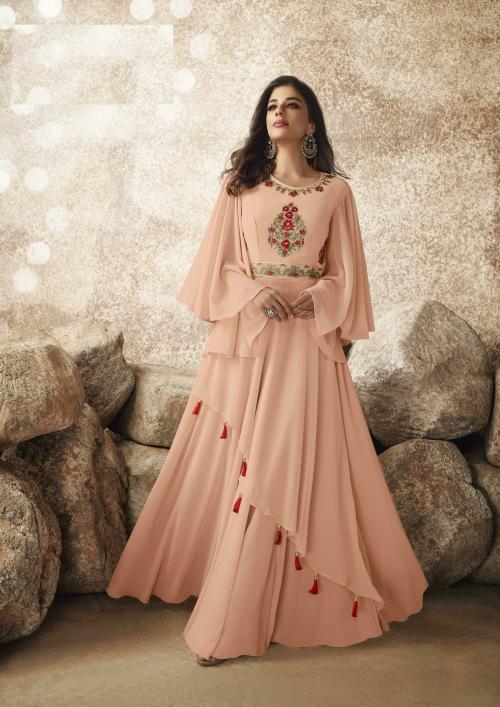 Hinish Women Orange Embroidered Georgette Anarkali Gown (Extra Large)