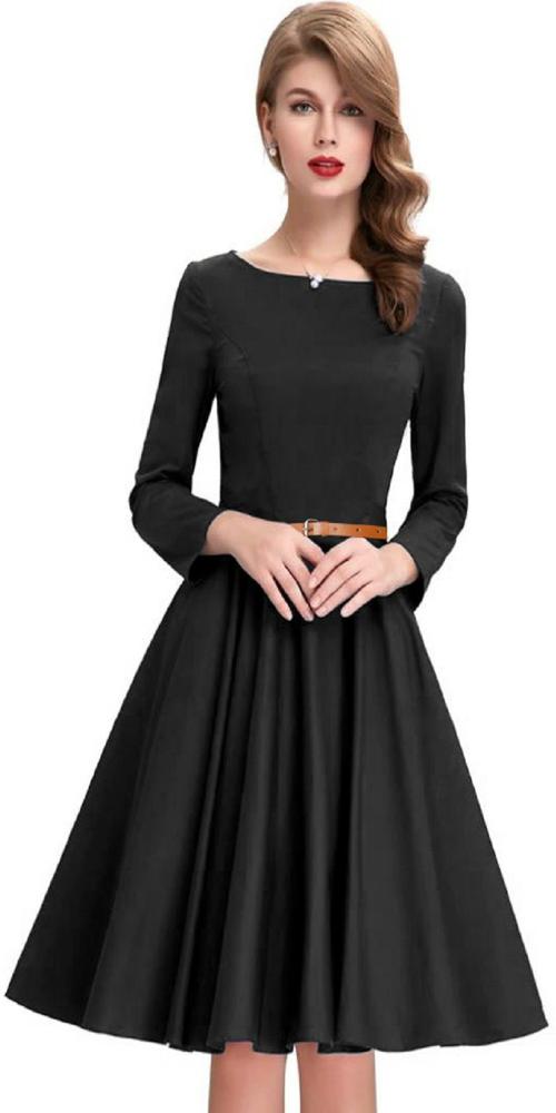 Aihole Women Fit and Flare Black Dress ()