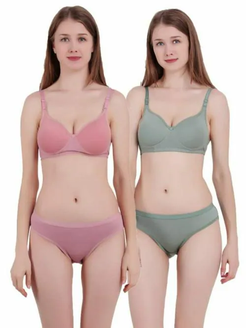 Brave One Lingerie Soft Regualer T-Shirt Non-Padded Cotton Hosiery Bra Panty Set for Women's Combo (Pack of 2) size 34B