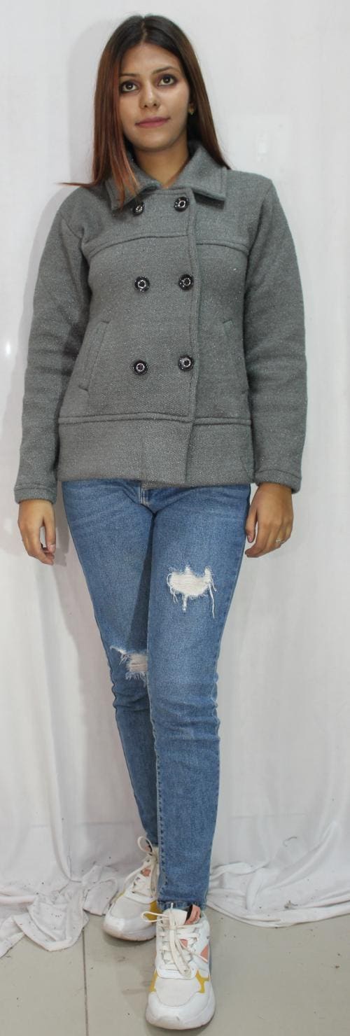 HAUTEMODA Women woollen Short Buttoned Double Breast Sweater coat