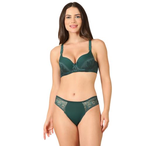 PrettyCat Women Green Underwire Lightly Padded Bra Panty Lingerie Sets