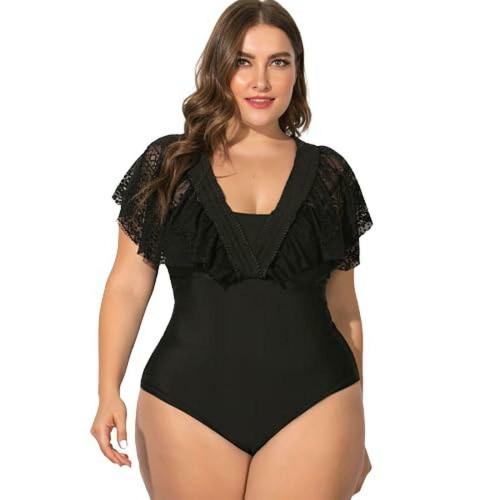 Plus Curvves Plus Size Convertible Off Shoulder Strap Lace One Piece Swimsuit - 2XL Black