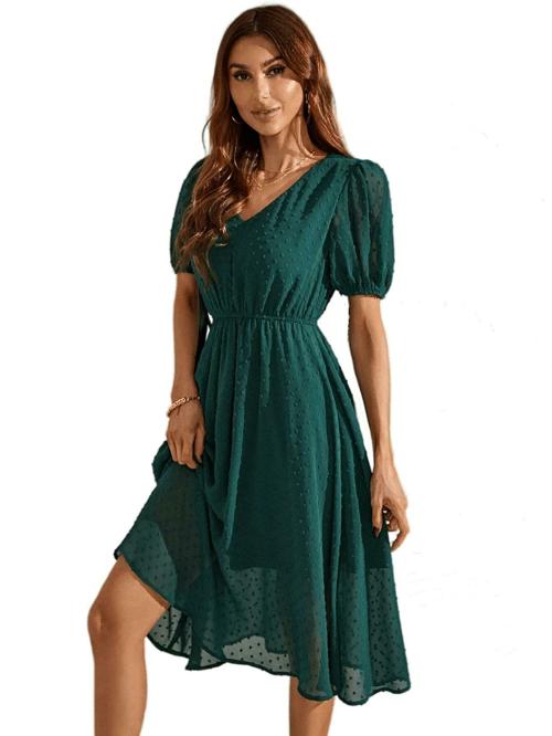 TIOR Women Teal Georgette A-line Dress (L)