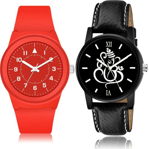 NEUTRON Latest Rich Kids And Ganpati Red And Black Colour Analog Plastic And Genuine Leather Belt 2 Watch Combo For Boys And Men - BM123-B27