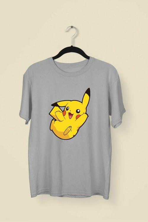 Prabhashini Pikachu Falling 100% Cotton Premium Unisex Printed Tshirt (Grey)