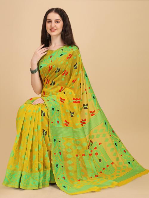 Women fancy banarasi jacquard dhakai jamdani saree Yellow