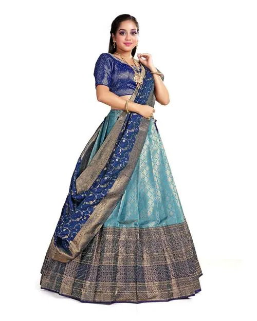 HALFSAREE STUDIO Women Firozi and Navy Blue Art Silk, Brocade and Net Lehenga Choli with Dupatta
