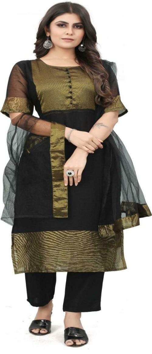 JIVIBA Women's Black Solid Chiffon Single Kurta Pant Set with Dupatta