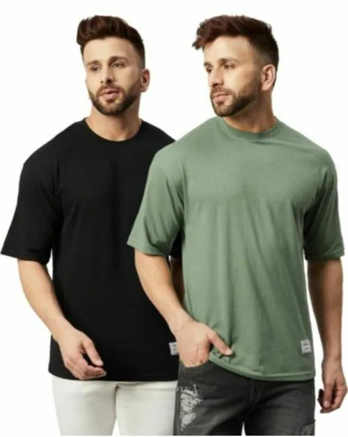 Gritstones Men Oversized Moss Green & Black Solid Cotton T-Shirt (Pack of 2)