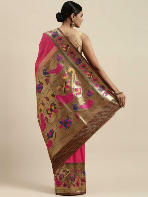 Pandadi Saree Women Dark Pink Self Design Pure Silk Paithani Saree