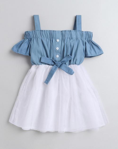 Hopscotch Girls Cotton Sleeveless Solid Casual Dress In Blue Colour For Ages 3-4 Years (EWE-3113584)