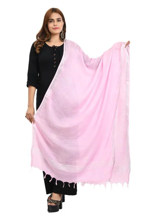 Moeza Women Baby Pink Cotton Woven Design Border Dupatta