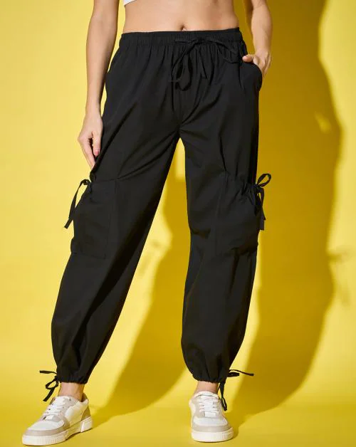Buynewtrend Cotton Blend Black Solid Women’s Cargo Pants | Adjustable Tie-Side Cargo Pockets