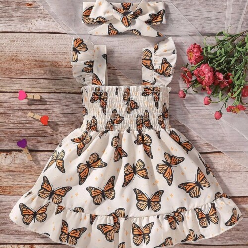 Buy & Try Girl's Cotton Butterfly Printed Frock Dress for Kids. Cream
