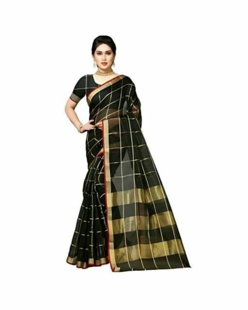 Vkaran Women's Black Art Silk Woven Saree With Blouse