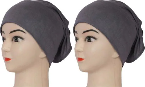 Monati Women Grey Solid Cotton Lycra Pack Of 2 Beanie Cap