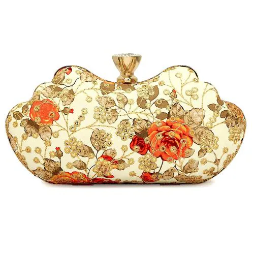 Tooba Handicraft Beige Leatherite Women Designer Clutch Bag With Chain Strap
