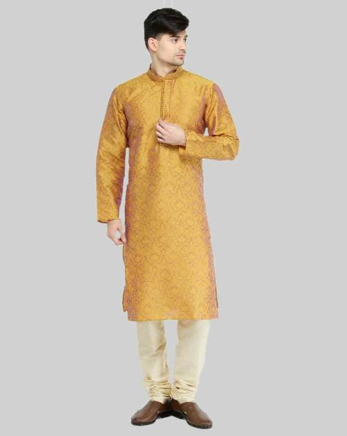 Chitwan Mohan Men Mustard Yellow and Cream  Printed  Dupion Silk Kurta Set