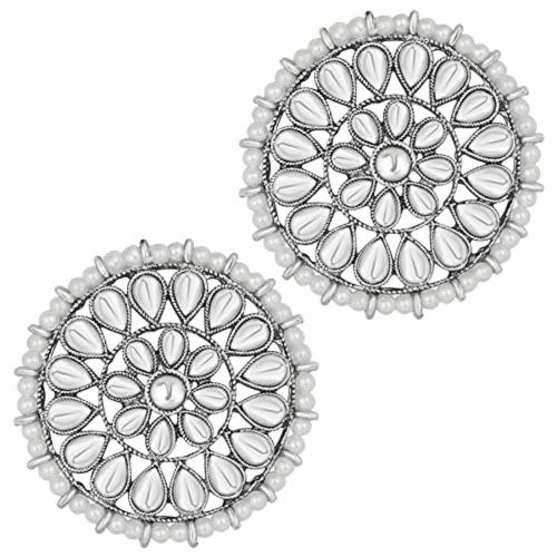 I Jewels Silver Plated Kundan Pearl Round Earring Traditional Jewellery for Women Girls (E3070S)