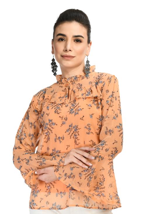 ELANMATE Party Bell Sleeves Floral Print Women Peach Top