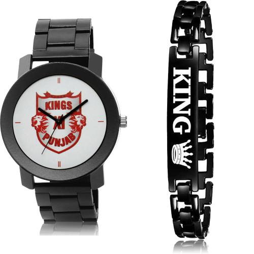 GROOT Classical Diwali Punjab Lions Squad (Pbks) Ipl Chain And Bracelet Black Colour Analog Metal Belt 2 Watch Combo For Boys And Men - IPL14-BX1