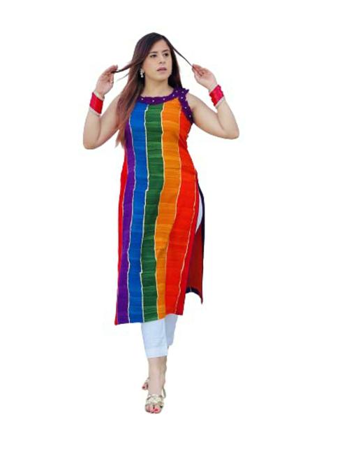 Lakhina Couture Women Multicolor Striped Cotton Rayon Blend Straight Kurti