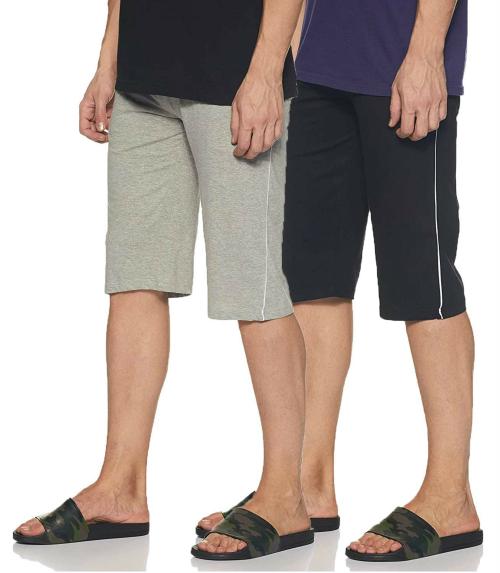 e1k South Sailor Men Grey, Black Cotton Pack Of 2 Three Fourth Capri Shorts Side Pockets With Zip (M)