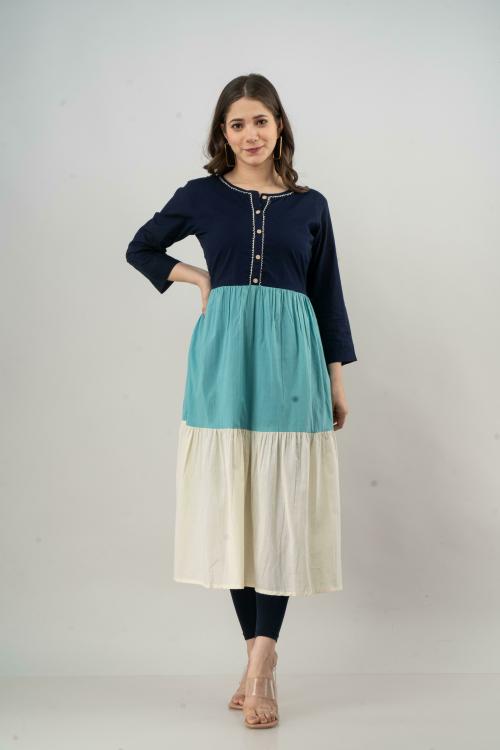 Fashion Dwar Girl Blue ColorBlock Pure Cotton Anarkali Kurta (S)