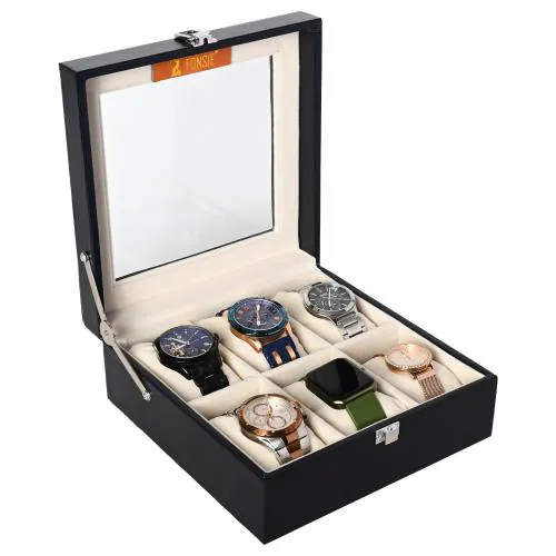 FONSIE Watch box storage organizer case for men and women luxurious faux leather collection 6 slots square with premium velvet cover pillows.