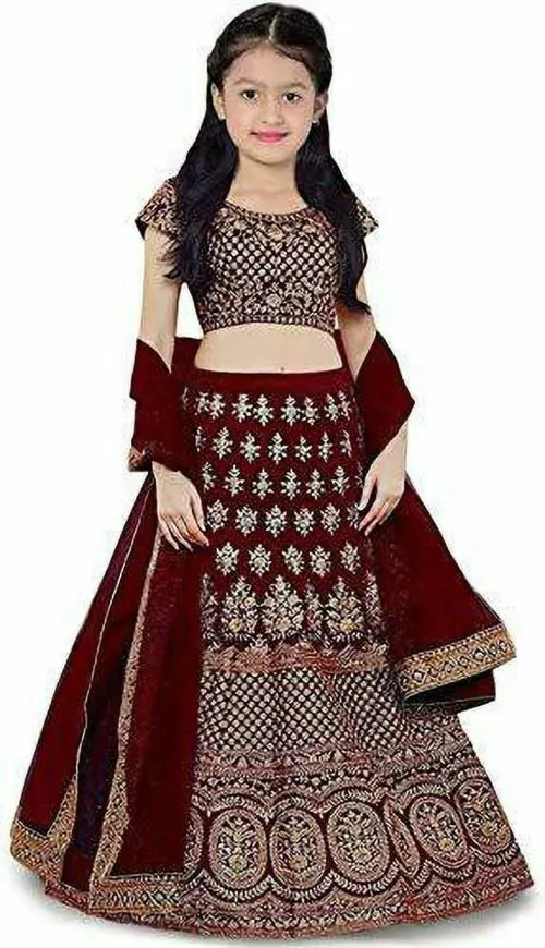Dholazon Girls Maroon Embroidered Satin Lehenga, Choli And Dupatta Set of 1