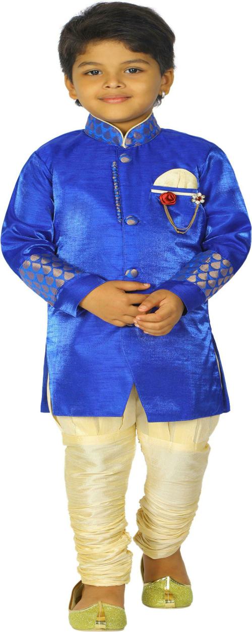 Ahhaaaa Boys Blue Full Sleeve Silk Cotton Blend Embellished Sherwani and Churidar Set
