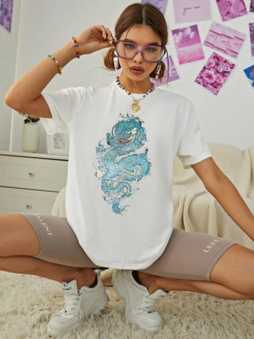 The Lion's Share Women Printed Round Neck Pure Cotton White T-Shirt