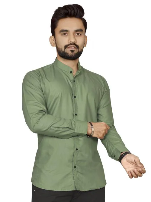 NIVICK Men Slim Fit Solid Mandarin Collar Casual Shirt--Green--M